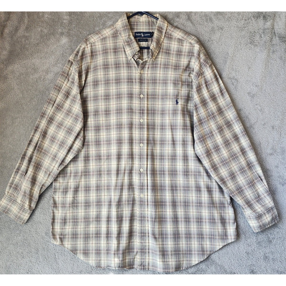 Ralph Lauren Shirt Mens 2X Big Tan Brown Blue Plaid Button Down Preppy Casual
